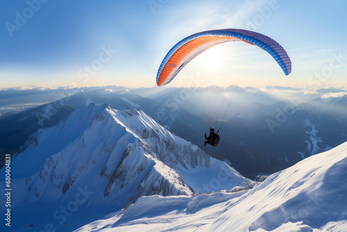 Adventure paragliding flying over snow mountain. Extreme outdoor sport in the sky.
