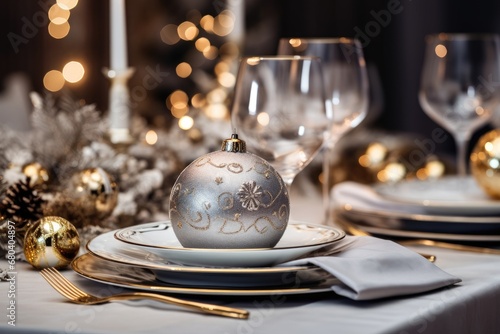Christmas table setting with elegant festive tableware. Generative AI