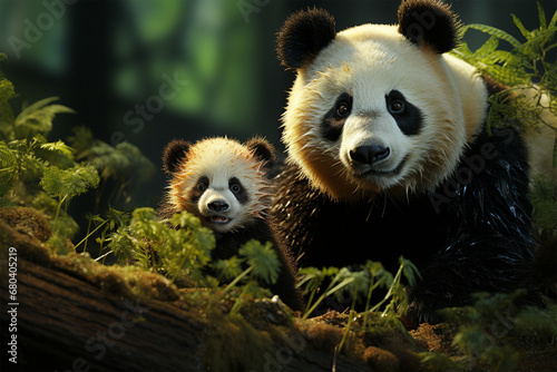 mother panda and her cub in the forest photo