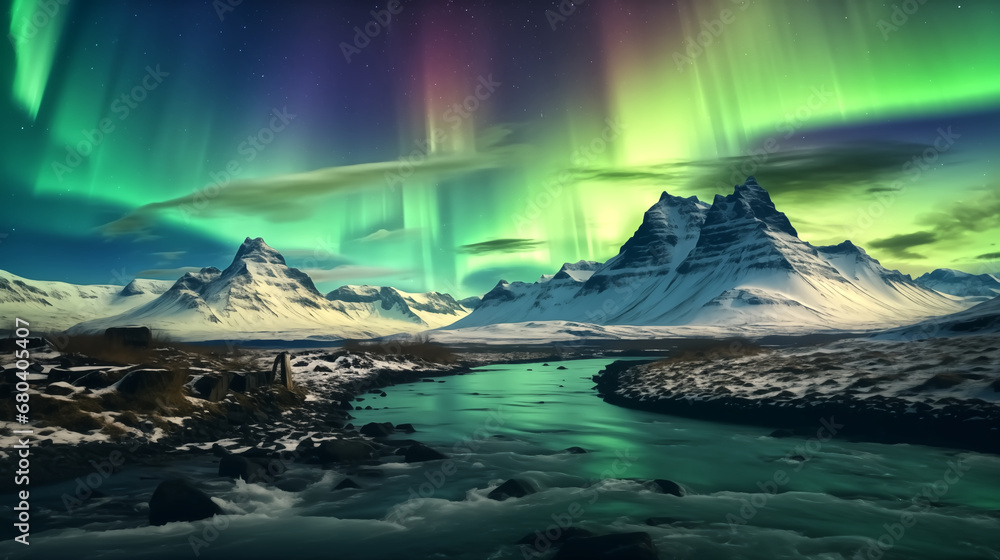 Northern Lights dancing over a snowy mountain range in Iceland,