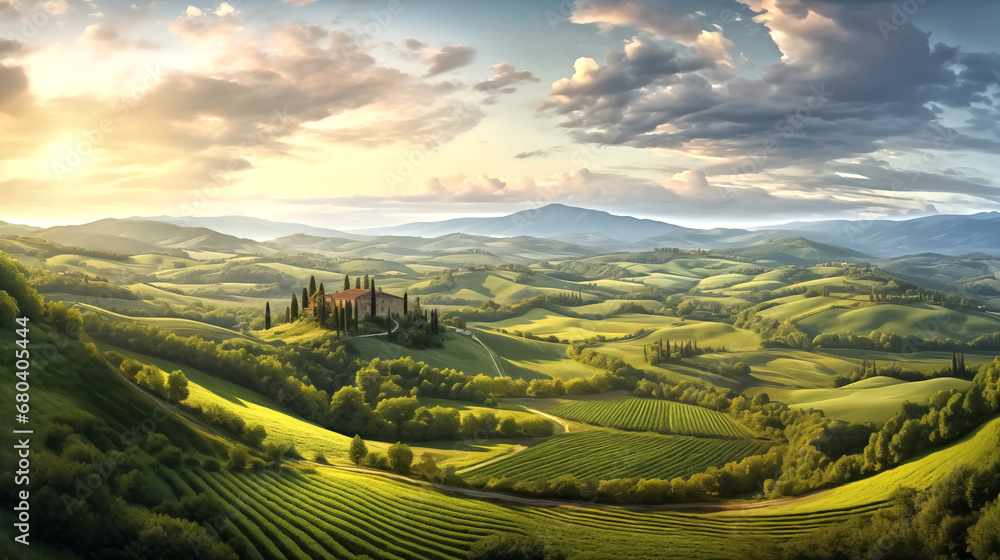 photo realistic image panoramic view of an peaceful countryside, with patchwork fields stretching to the horizon, embraced by rolling hills and bathed in the soft light of a sunset