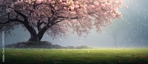 In the enchanting spring meadow, the lush grass swayed gently as the weeping cherry tree, adorned with delicate cherry blossoms, stood tall, its close-up beauty highlighted by the fresh drops of water