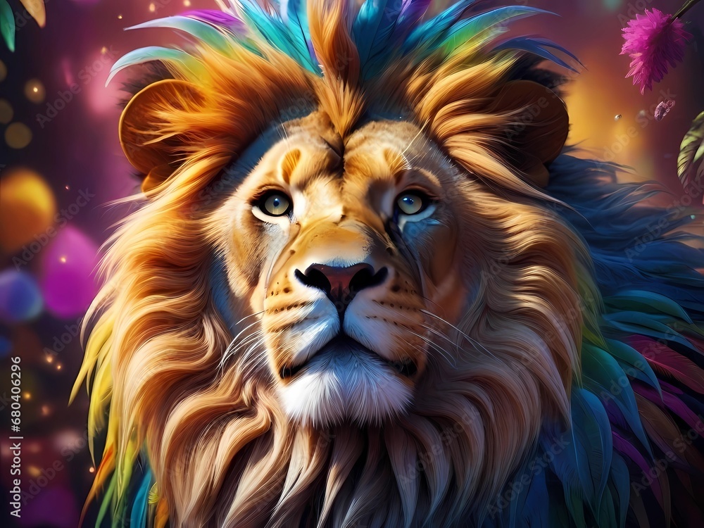Bright colorful lion, amazing digital pet. AI generated images. 