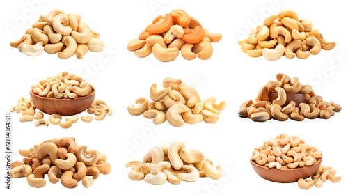 Collection of PNG. Cashew nuts isolated on a transparent background.