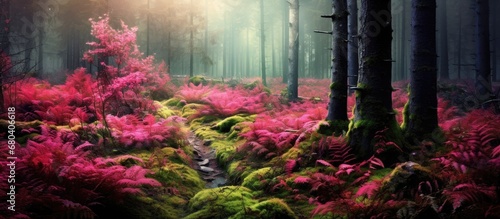 enchanting autumn forest, amidst the lush green grass and moss-covered soil, a vibrant pink plant stands tall, a testament to the bountiful harvest of organic food nurtured by the natural background photo