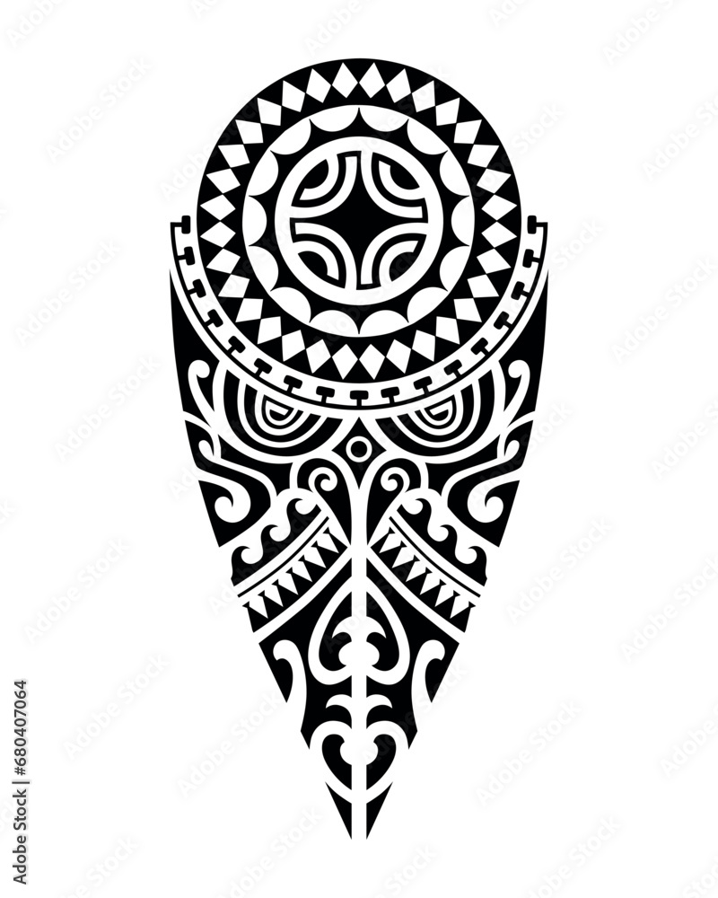 Obraz premium tattoo sketch maori style for leg or shoulder with swastika. Black and white.