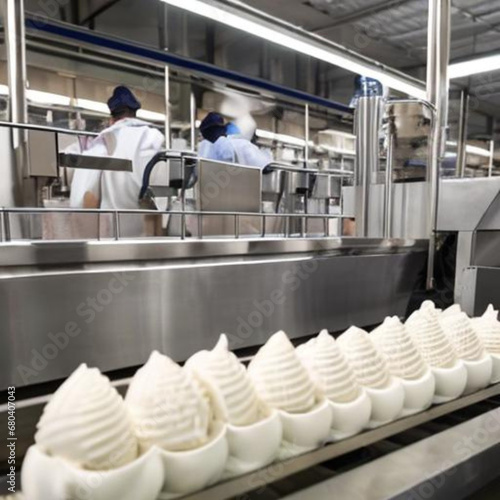 Ice Cream Factory Interior Scene
Production Line in Ice Cream Manufacturing, 
Industrial Ice Cream Processing Plant, 
Frozen Dessert Production Facility, 
Manufacturing Process in an Ice Cream Factory