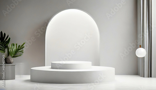 Empty podium scene with geometric shapes for cosmetic and product display, Generative AI 