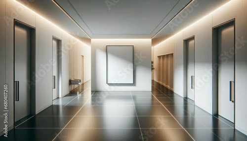 Luxury corridor with white walls and blank poster  mock up. Generative AI