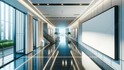 interior of modern office corridor with reflective floor and blank horizontal banner. Generative AI