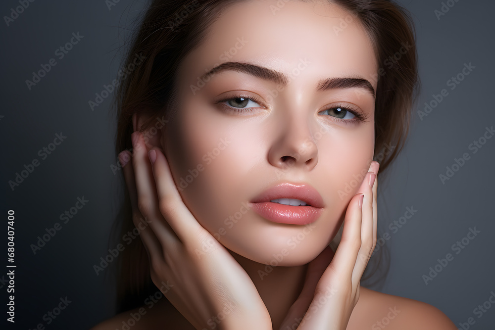 Beauty shot of pretty young woman with brunette hair in front of one colored studio background Beauty shot of pretty young woman with brunette hair in front of one colored studio background