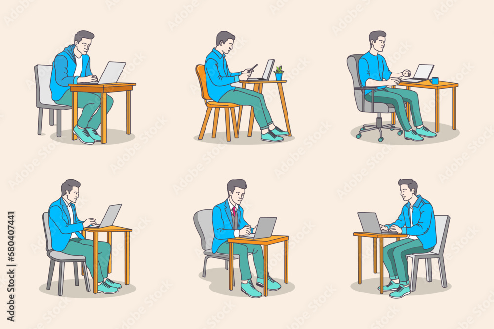 Young boy working on a chair and table with a laptop using from home, flat coloring line art minimal illustration. Young boy working on a chair and table with a laptop using from home, flat coloring line art minimal illustration.
