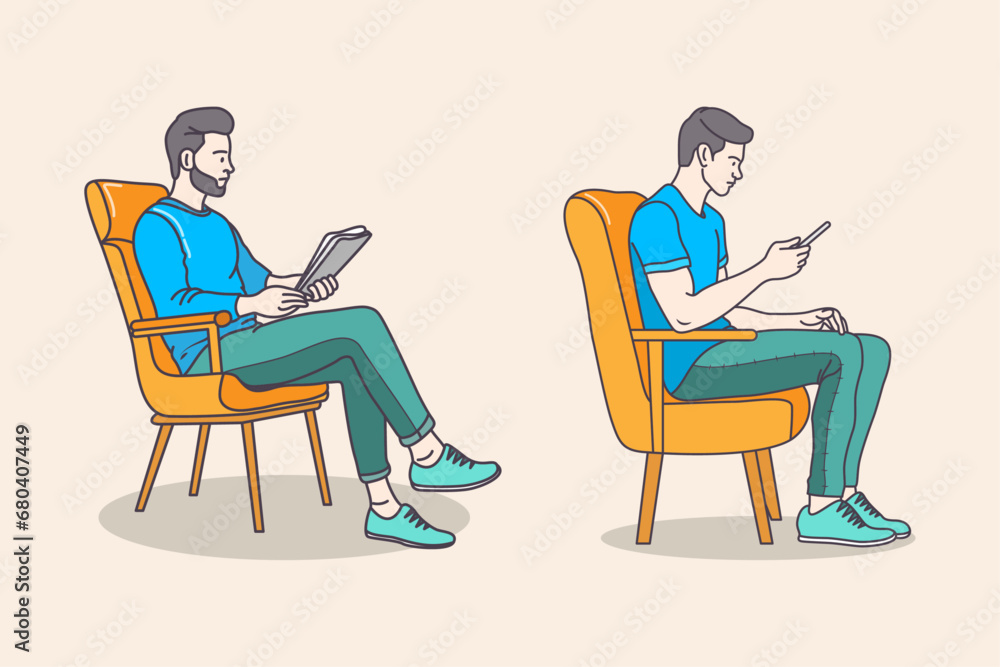 Young boy working on a chair with a mobile phone using from home, flat coloring line art minimal illustration. Young boy working on a chair with a mobile phone using from home, flat coloring line art minimal illustration.