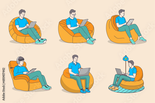 Young boy working on a bean bag chair with a laptop using from home, flat coloring line art minimal illustration. (6 vector design)