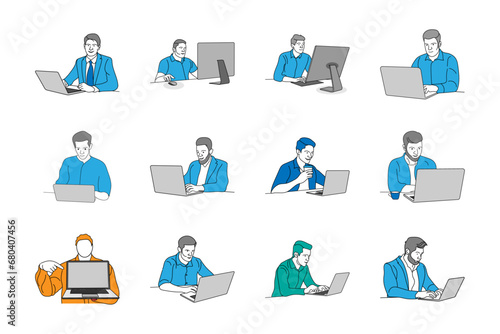 Illustration of a flat character boy laptop use line art vector design white background.