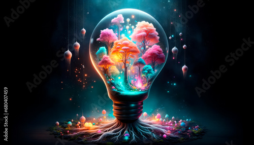 Glowing light bulb with tree inside, inspiration concept. Generative AI