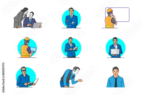  Businessman working vector illustration set.