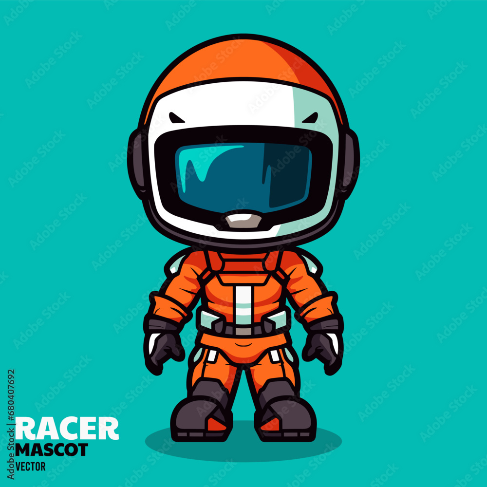 Kawaii racer character standing with racing custom, cute logo element, sticker design Kawaii racer character standing with racing custom, cute logo element, sticker design