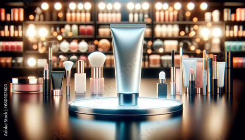 Center stage cosmetic tube on a lit podium, surrounded by an array of makeup products. Generative AI