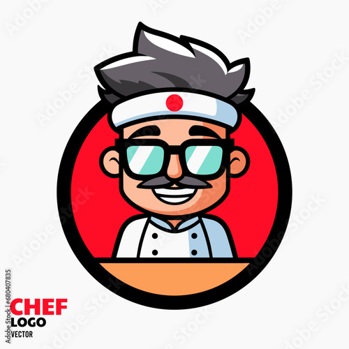 Japanese restaurant mascot logo with smile chef sunglasses, simple minimalist logo style, bold line