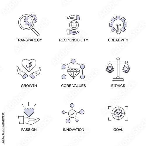 Explore a contemporary flat and thin line icon set embodying the essence of business core values, featuring concepts such as Transparency, Responsibility, Creativity, Growth, Core Values, Ethics.