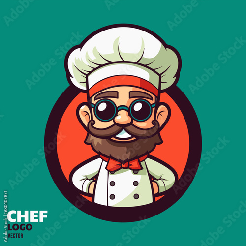 Chef mascot logo with smile face, bearded man using sunglasses, restaurant logo character