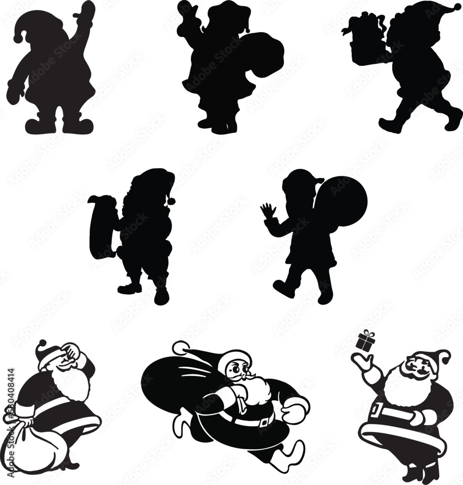 Santas in Silhouette: Set of 8 Festive Santa Claus Shadows Santas in Silhouette: Set of 8 Festive Santa Claus Shadows