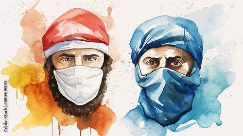 Extremism Unmasked: Rivalry in the Middle East. Arab man vs. Jewish man. Jews against Arabs. Conflict in the Middle east watercolor style photo