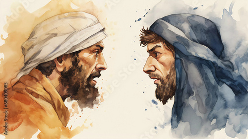 Extremism Unmasked: Rivalry in the Middle East. Arab man vs. Jewish man. Jews against Arabs. Conflict in the Middle east watercolor style photo