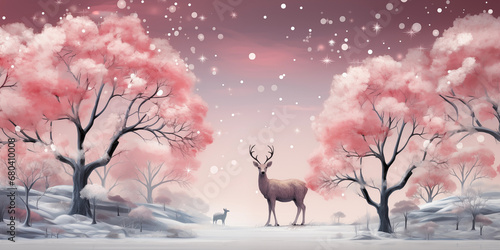 Hirsch als Cartoon in pink Farben im Schnee im Querformat als Banner, ai generativ