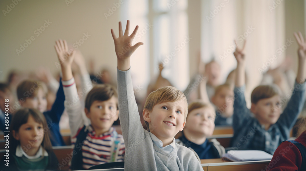 Pupils raising their hands during class at the elementary school Pupils raising their hands during class at the elementary school