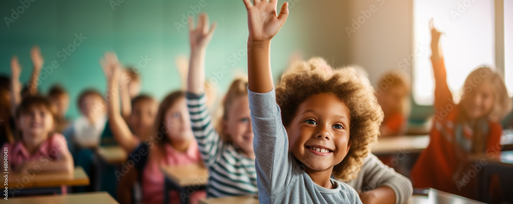 Fototapeta premium Pupils raising their hands during class at the elementary school