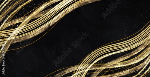 ゴールドと黒の和風な曲線背景フレーム, 手描きの筆跡が美しい