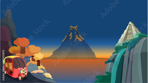 Quadro su tela Guatemala - Volcano in the background with Tikal, the great Mayan pyramids of Guatemala