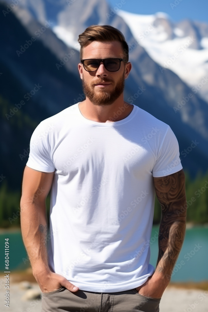Handsome tattooed man wearing an empty mockup blank white t-shirt with snowy mountain in background
