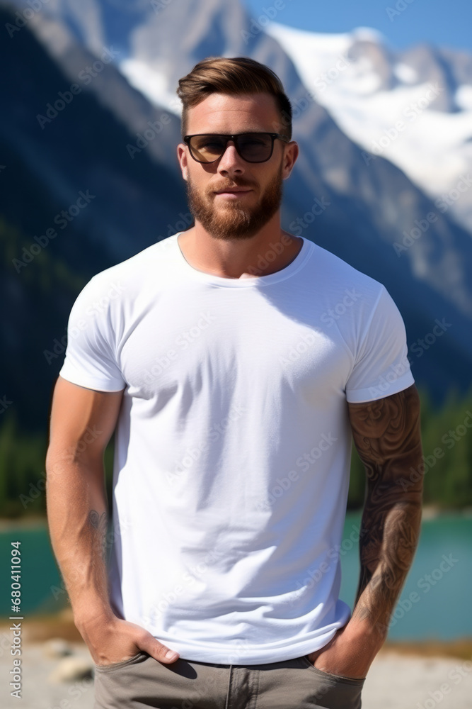 Handsome tattooed man wearing an empty mockup blank white t-shirt with snowy mountain in background Handsome tattooed man wearing an empty mockup blank white t-shirt with snowy mountain in background