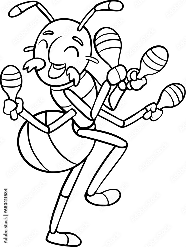 Ant playing maracas cartoon outline Ant playing maracas cartoon outline