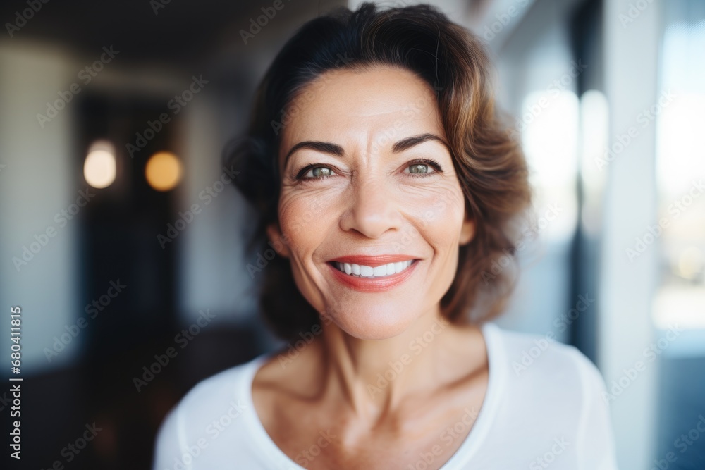 Headshot of a Smiling attractive Hispanic mature senior woman looking at the camera smiling - obrazy, fototapety, plakaty 