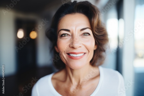 Headshot of a Smiling attractive Hispanic mature senior woman looking at the camera smiling photo