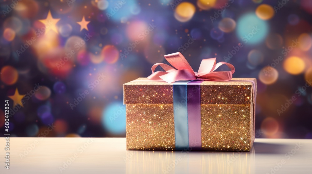 a gold gift box with a pink ribbon and a bow on a table in front of a ...