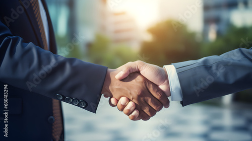 A businessman's hand clad in a tailored suit shakes hands with another business man, solidifying a bond of loyalty and friendship