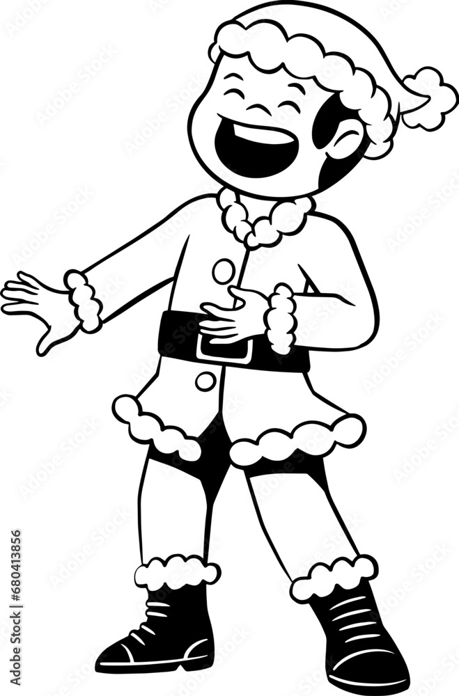 Young boy wearing santa claus costume, christmas coloring page