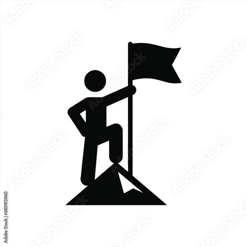 Victorious person standing on a mountaintop holding a flag icon	