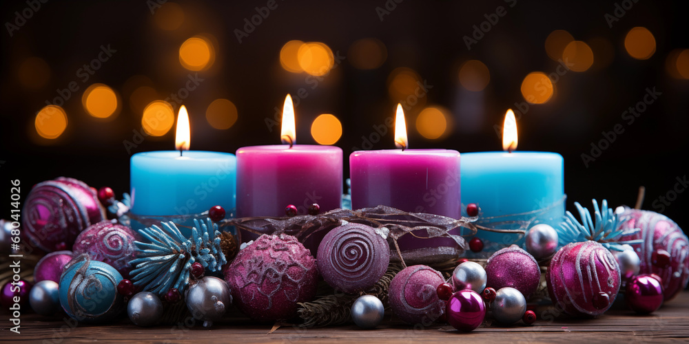 Kerzen mit Flammen zu Weihnachten als Adventskranz in blau und pink mit wunderschöner Dekoration im Querformat als Banner, ai generativ - obrazy, fototapety, plakaty 