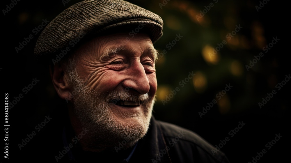 An older man wearing a hat and smiling warmly. An older man wearing a hat and smiling warmly.