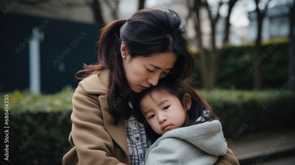 Fototapeta premium A woman tenderly cradling a child in her arms, displaying a bond of love and care.