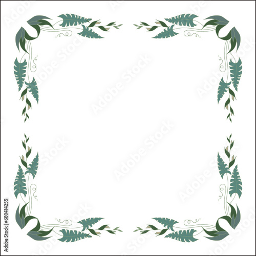  Green floral frame with tropical leaves and flowers  decorative corners for greeting cards  banners  business cards  invitations  menus. Isolated vector illustration.