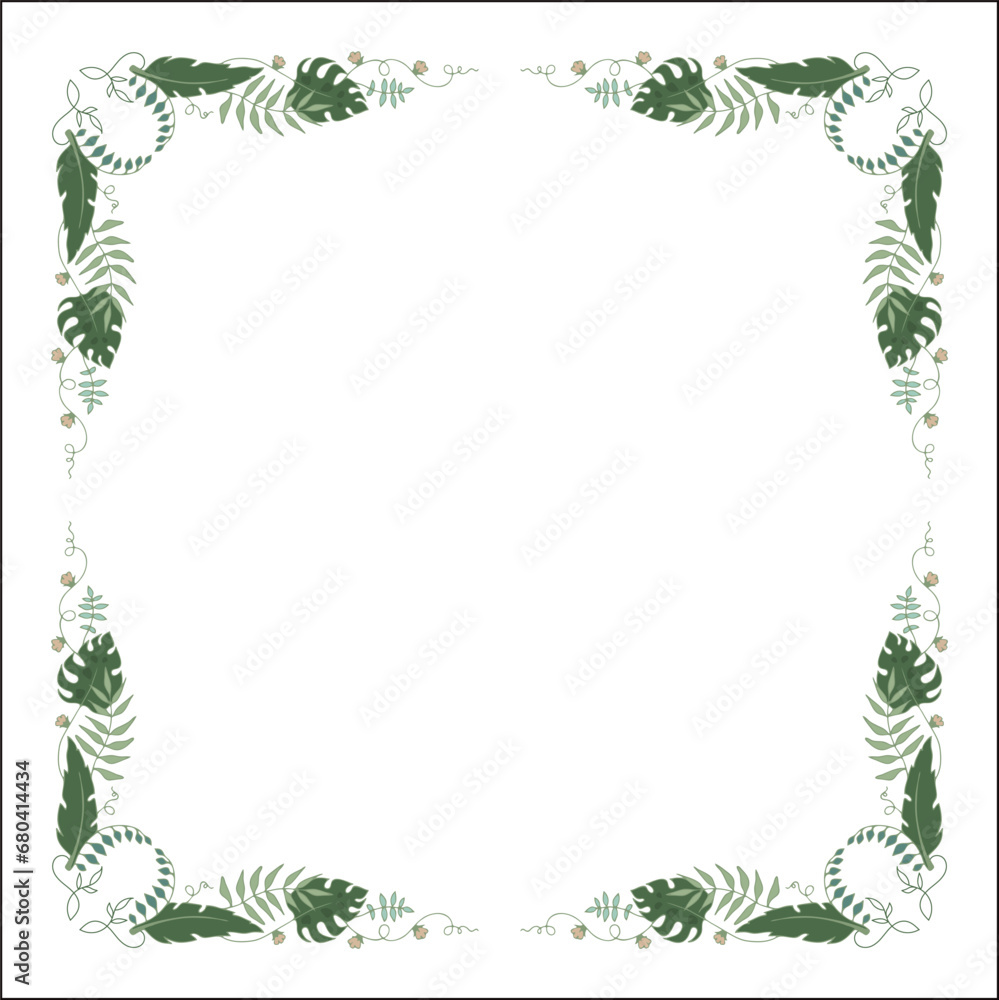  Green floral frame with tropical leaves and flowers, decorative corners for greeting cards, banners, business cards, invitations, menus. Isolated vector illustration.