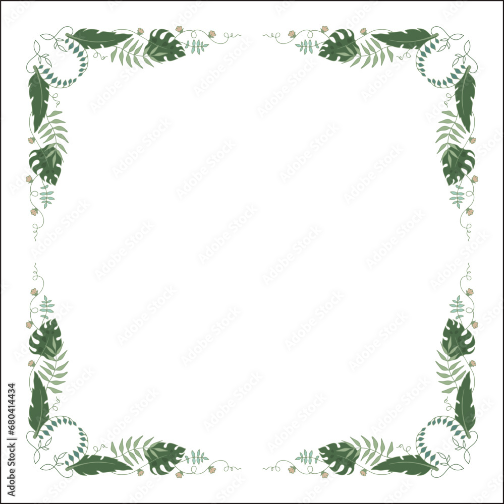 Green floral frame with tropical leaves and flowers, decorative corners for greeting cards, banners, business cards, invitations, menus. Isolated vector illustration. Green floral frame with tropical leaves and flowers, decorative corners for greeting cards, banners, business cards, invitations, menus. Isolated vector illustration.