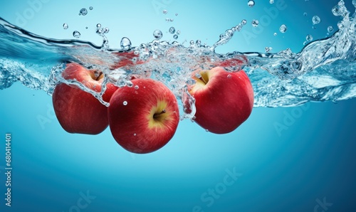  three apples floating in the water with a splash of water on the bottom of the image and a splash of water on the bottom of the image.